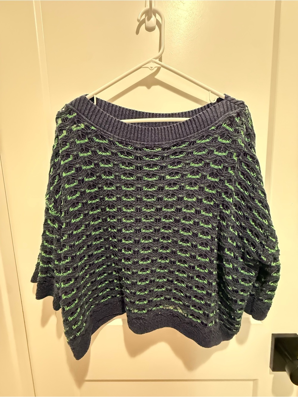 Women's Navy and Green Textured Open-Knit Sweater